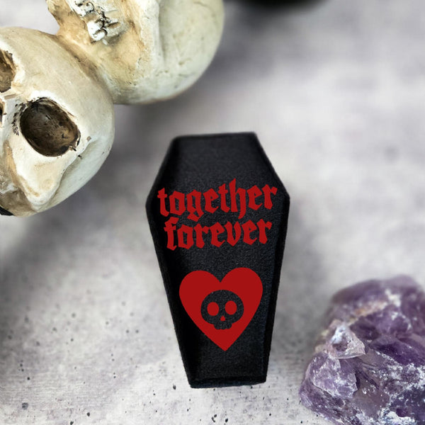 Together Forever Black Velvet Coffin Ring Box - Coffin Jewelry Box for Halloween Wedding Salt and Sparkle