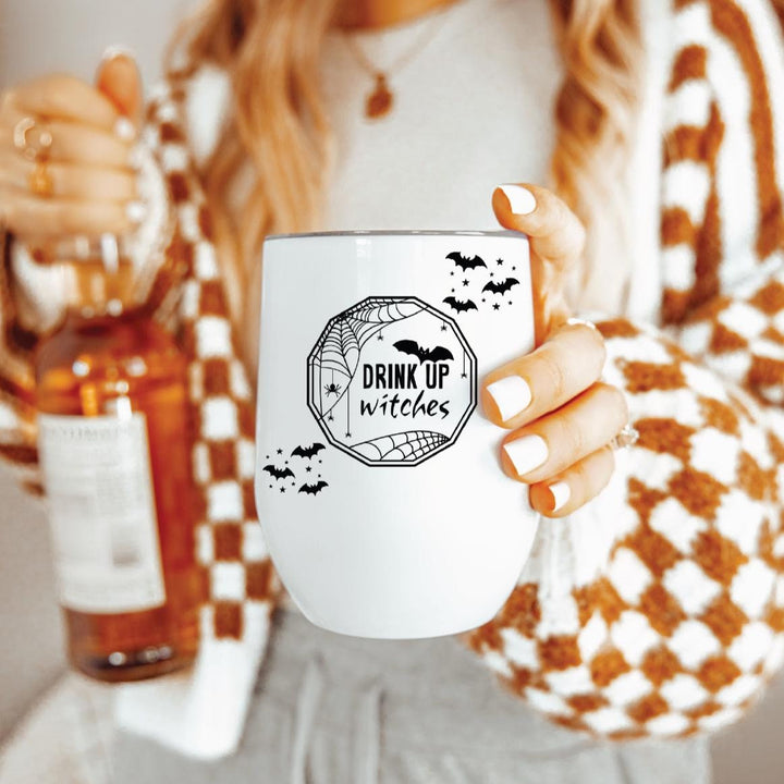 Drink Up Witches Halloween Wine Tumbler - Cute Bat Cup for Witches Salt and Sparkle