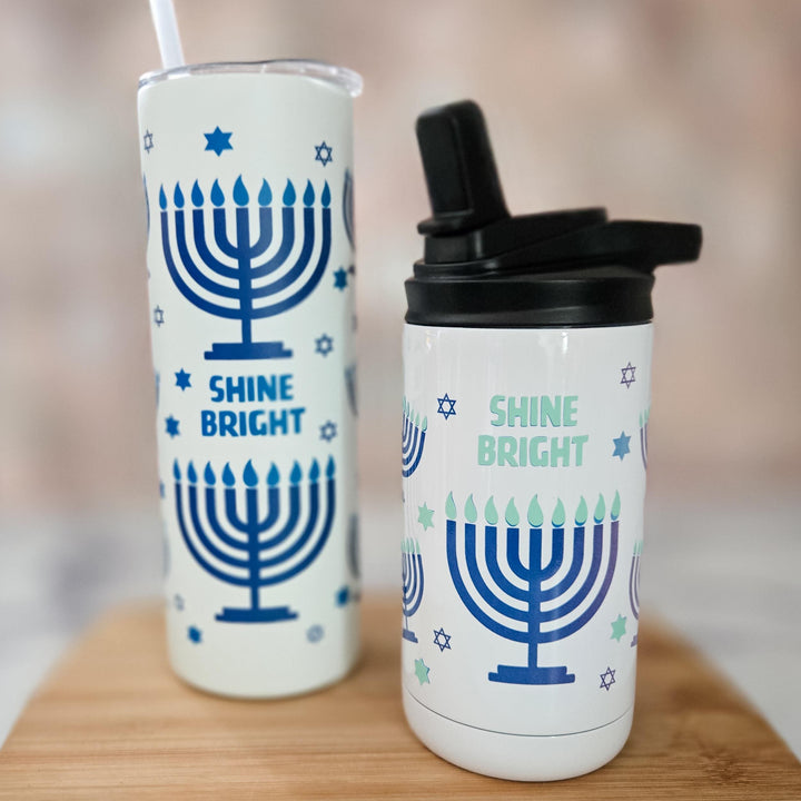 Kids Shine Bright Menorah Glow-in-the-Dark Sippy Cup, Preschooler Tumbler for Chanukah Present - Jewish Personalized Water Bottle for Child Salt and Sparkle