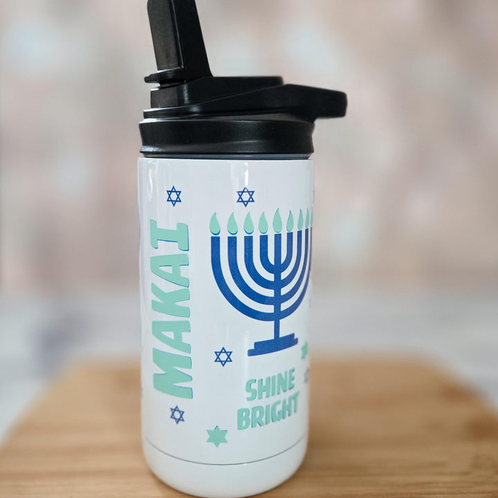 Kids Shine Bright Menorah Glow-in-the-Dark Sippy Cup, Preschooler Tumbler for Chanukah Present - Jewish Personalized Water Bottle for Child Salt and Sparkle