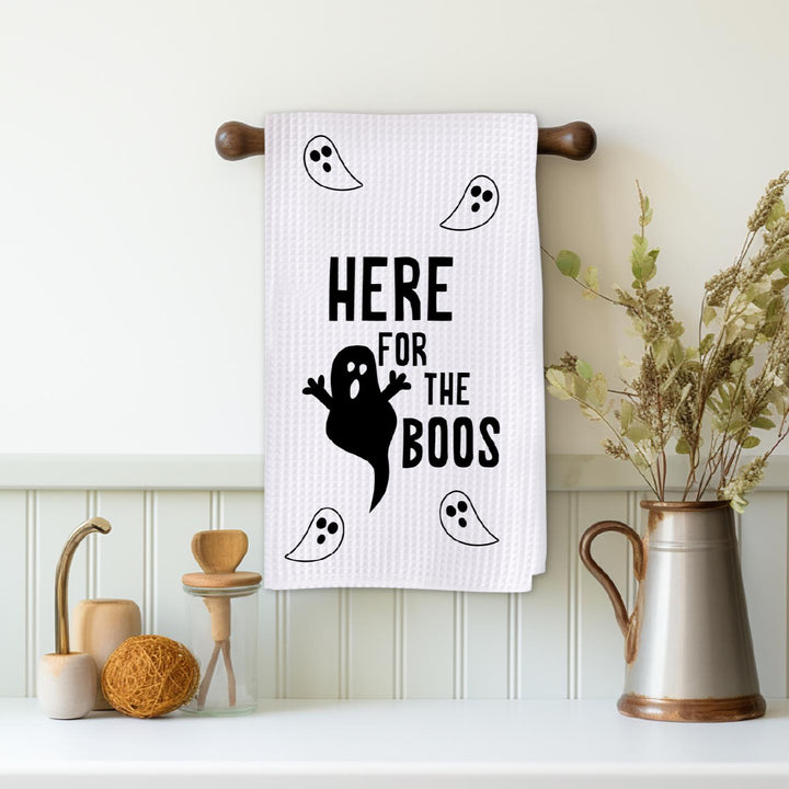 Here for the Boos Halloween Waffle Dish Towel – Ghostly Fun with Playful Spirit - Halloween Lover Kitchen Decor Hand Towel Salt and Sparkle