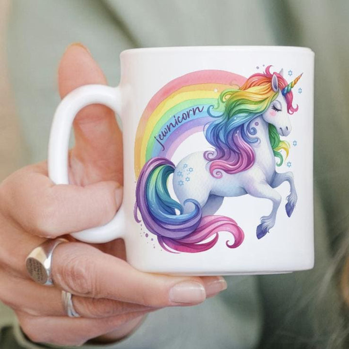 Jewnicorn Rainbow Ceramic Coffee Mug, Funny Unicorn Coffee Cup for Hanukkah, Jewish Humor Gift, Rainbow Jewish Pride Jewish Home Decor Salt and Sparkle