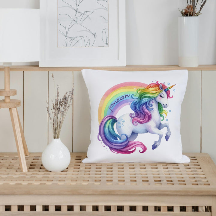 Jewnicorn Rainbow Throw Pillow, Funny Jewish Home Decor for First Apartment, Minimalist Judaica for Recent Grad, Hanukkah Gift for Teen Salt and Sparkle