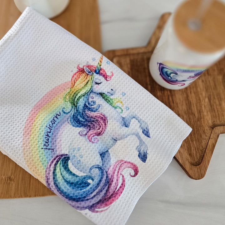 Jewnicorn Waffle Dish Towel, Rainbow Unicorn Jewish Home Decor, Housewarming Gift for First Jewish Home, Funny Jewish Kitchen Towel for Her Salt and Sparkle