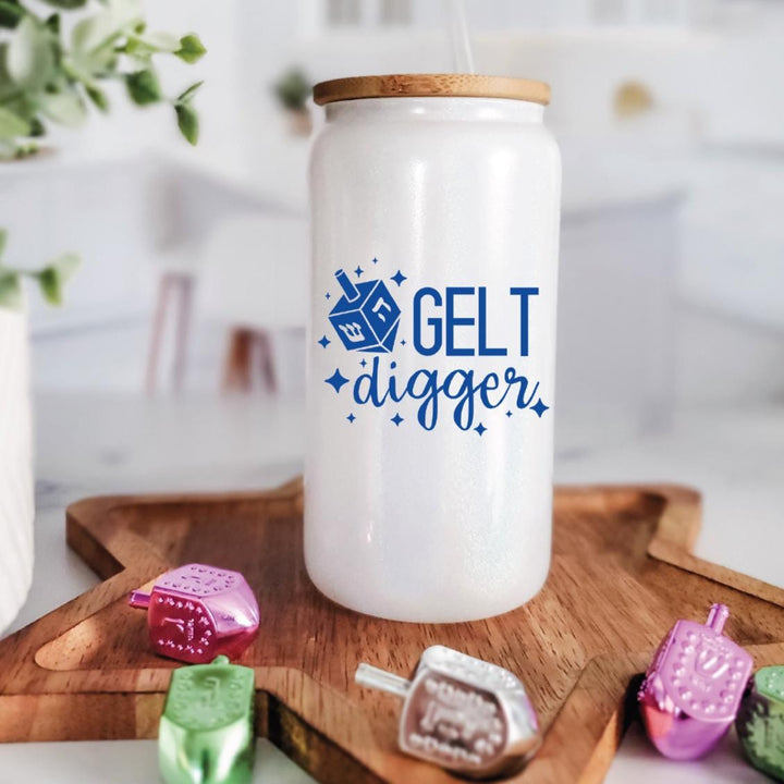 Gelt Digger Printed Glass Can Cup for her | Funny Jewish Humor Gift for Chanukah Salt and Sparkle