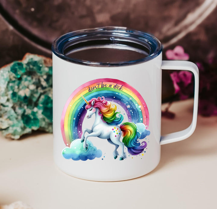 Don't Be a Dick Magical Unicorn Travel Coffee Mug, Insulated Funny Mug for Work, Unicorn Rainbow Gift for Best Friend, White Elephant Gift Salt and Sparkle