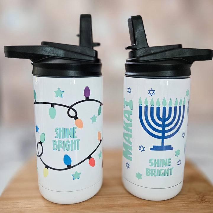 Kids Shine Bright Menorah Glow-in-the-Dark Sippy Cup, Preschooler Tumbler for Chanukah Present - Jewish Personalized Water Bottle for Child Salt and Sparkle