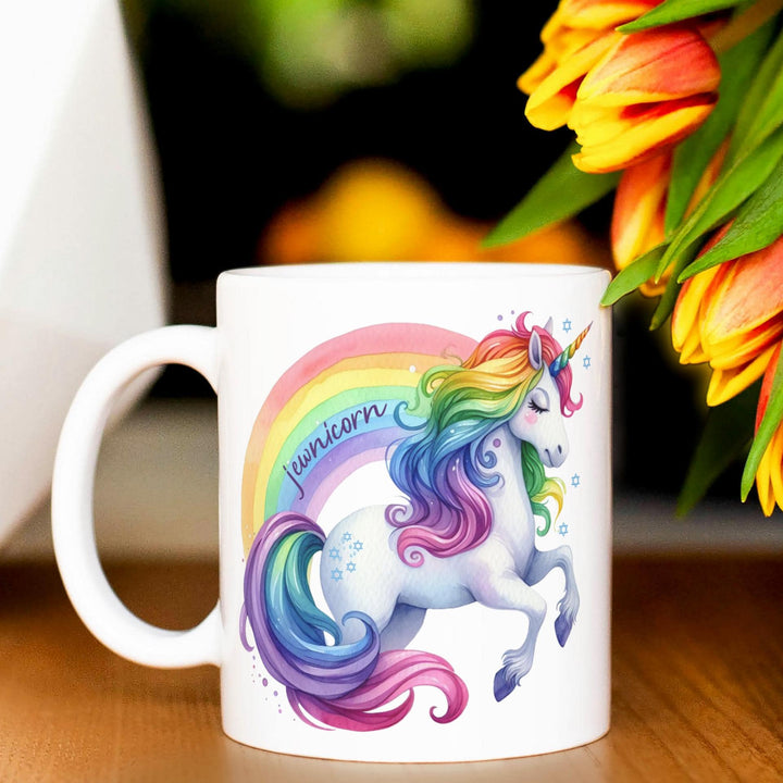 Jewnicorn Rainbow Ceramic Coffee Mug, Funny Unicorn Coffee Cup for Hanukkah, Jewish Humor Gift, Rainbow Jewish Pride Jewish Home Decor Salt and Sparkle