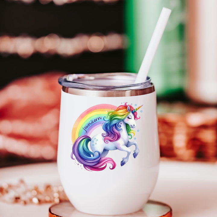 Jewnicorn Rainbow Wine Tumbler Travel Cup | Proud Zionist Insulated Wine Tumbler for Her Salt and Sparkle