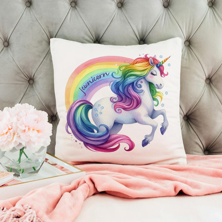 Jewnicorn Rainbow Throw Pillow, Funny Jewish Home Decor for First Apartment, Minimalist Judaica for Recent Grad, Hanukkah Gift for Teen Salt and Sparkle