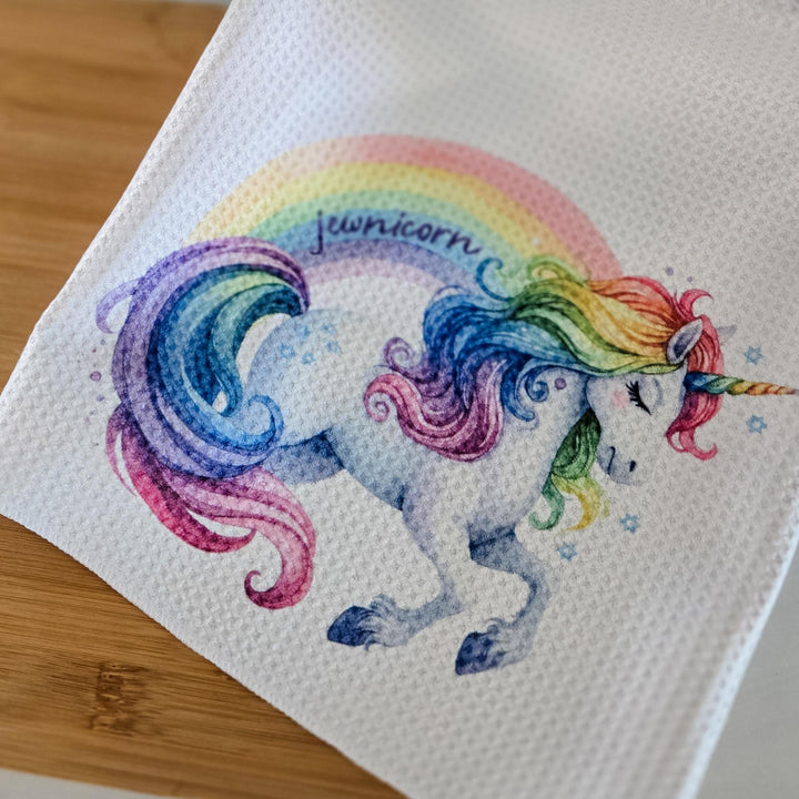 Jewnicorn Waffle Dish Towel, Rainbow Unicorn Jewish Home Decor, Housewarming Gift for First Jewish Home, Funny Jewish Kitchen Towel for Her Salt and Sparkle