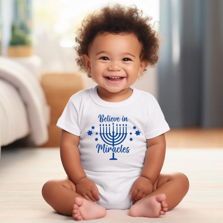 Believe in Miracles Chanukah Baby Bodysuit, Cute Infant Hanukkah Outfit, Hanukkah Present for New Parents, Shirt for Baby's First Chanukah Salt and Sparkle