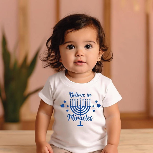 Believe in Miracles Chanukah Toddler Tee Shirt, Cute Pre Schooler Hanukkah Outfit, Hanukkah Present for Grandchild, Shirt for Chanukah Party Salt and Sparkle