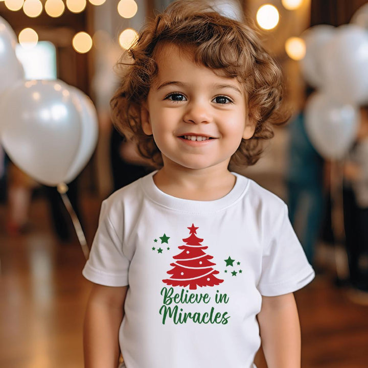 Believe in Miracles Christmas Toddler Tee Shirt - Gender Neutral Classic Tee for Kids Salt and Sparkle