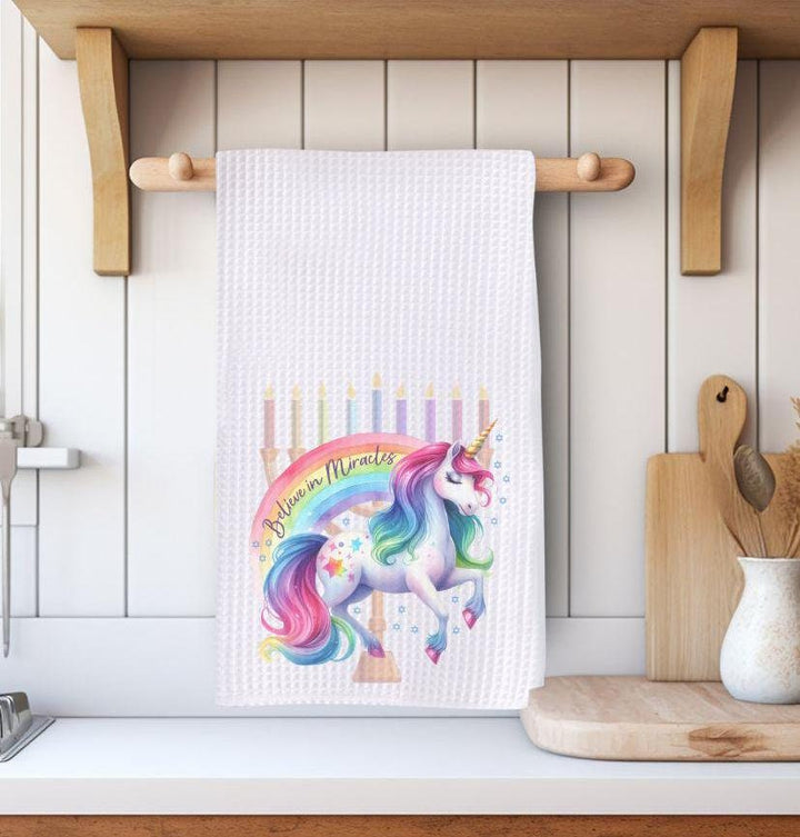 Believe in Miracles Waffle Dish Towel, Rainbow Unicorn Jewish Home Decor for Chanukah, Housewarming Gift for Hanukkah, Jewish Kitchen Towel Salt and Sparkle