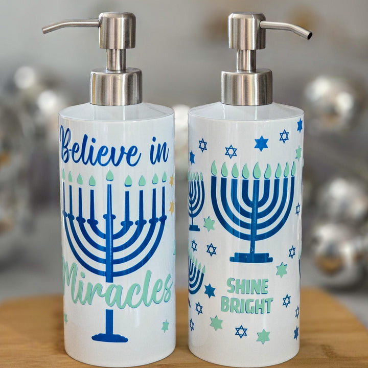 Believe in Miracles Hanukkah Home Soap Dispenser, Glow in the Dark Jewish Menorah Kitchen Decor, Jewish Housewarming Gift for Chanukah Salt and Sparkle