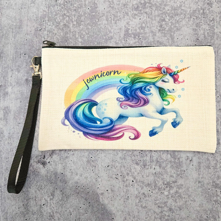 Jewnicorn Makeup Pouch, Jewish Rainbow Unicorn Pencil Case for Back to School, Stand with Israel Tote Bag Organizer, Chanukah Gift for Teen Salt and Sparkle