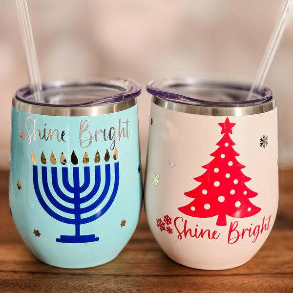 Shine Bright Christmas Chanukah Wine Tumbler - Chrismukkah Gift for Interfaith Couple Salt and Sparkle