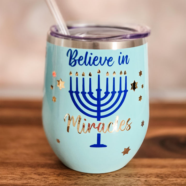 Believe in Miracles Christmas Chanukah Wine Tumbler - Chrismukkah Gift for Interfaith Couple Salt and Sparkle