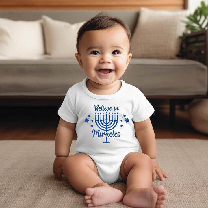 Believe in Miracles Chanukah Baby Bodysuit, Cute Infant Hanukkah Outfit, Hanukkah Present for New Parents, Shirt for Baby's First Chanukah Salt and Sparkle