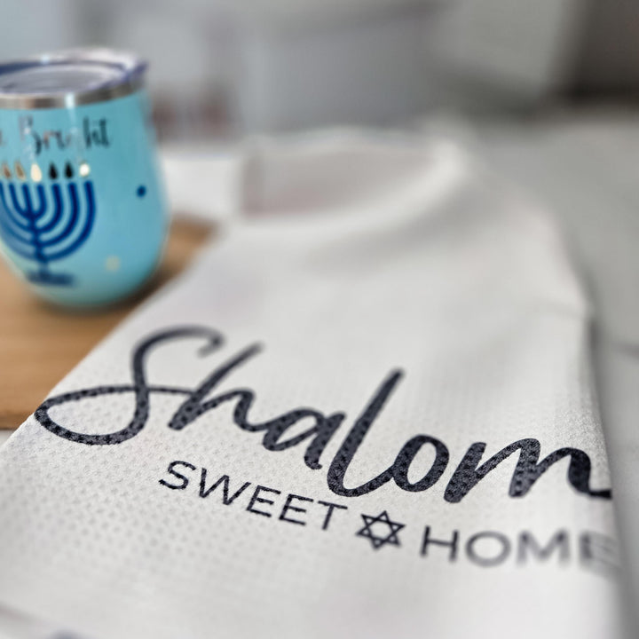 Shalom Sweet Home Minimalist Waffle Dish Towel, Jewish Home Decor, Housewarming Gift for First Jewish Home, Jewish Kitchen Towel for Shabbat Salt and Sparkle