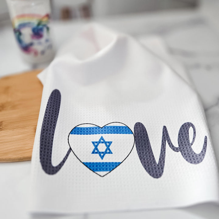 Love Israel Minimalist Waffle Dish Towel, Jewish Pride Home Decor, Housewarming Gift for First Jewish Home, Jewish Kitchen Towel for Shabbat Salt and Sparkle