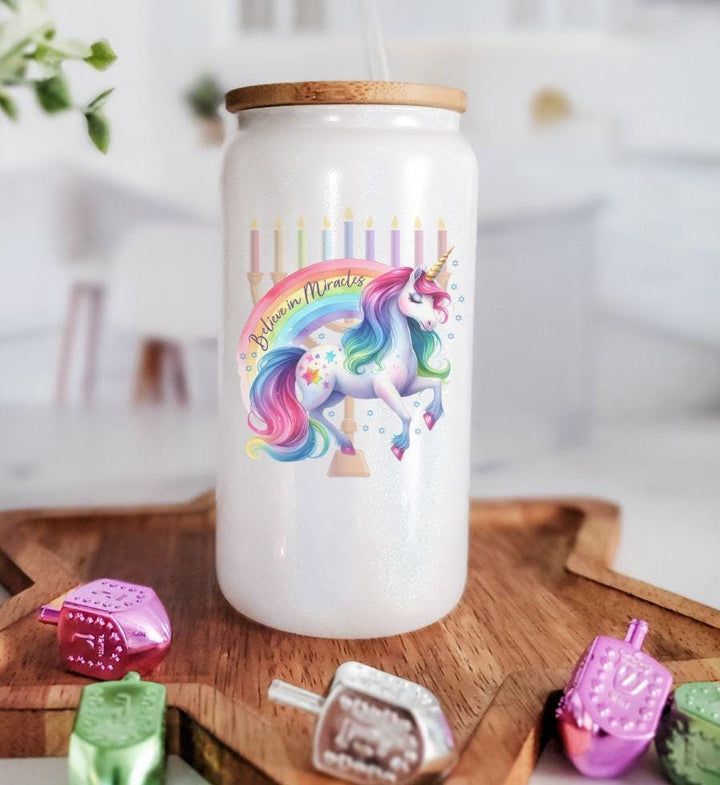 Believe in Miracles Rainbow Unicorn Menorah Printed Glass Can Cup for her | Jewish Gift for Chanukah Salt and Sparkle