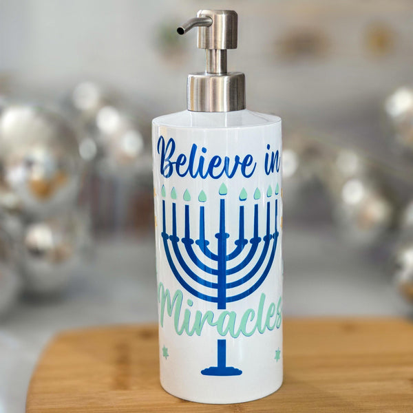 Believe in Miracles Hanukkah Home Soap Dispenser, Glow in the Dark Jewish Menorah Kitchen Decor, Jewish Housewarming Gift for Chanukah Salt and Sparkle