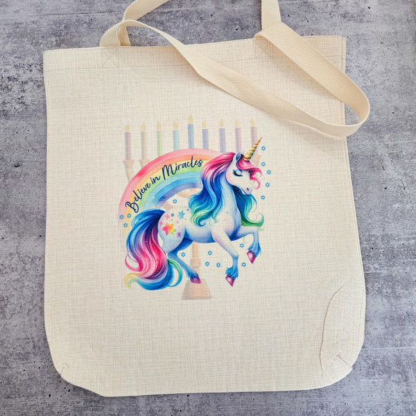 Hanukkah Believe in Miracles Tote Bag, Chanukah Rainbow Unicorn Grocery Bag for Friend, Fun Hanukkah Book Bag for College Student, Zionist Salt and Sparkle