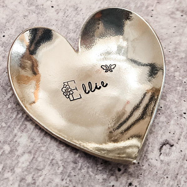 Personalized Heart Shaped Ring Dish - Pewter Initial Trinket Dish for Tween, Jewelry Holder for Girls, Birthday Gift for Her, Bedroom Decor Salt and Sparkle