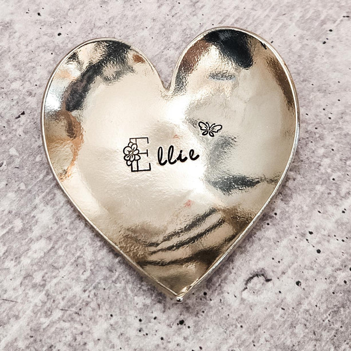 Personalized Heart Shaped Ring Dish - Pewter Initial Trinket Dish for Tween, Jewelry Holder for Girls, Birthday Gift for Her, Bedroom Decor Salt and Sparkle