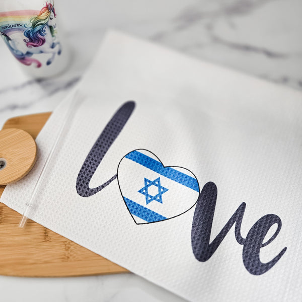 Love Israel Minimalist Waffle Dish Towel, Jewish Pride Home Decor, Housewarming Gift for First Jewish Home, Jewish Kitchen Towel for Shabbat Salt and Sparkle