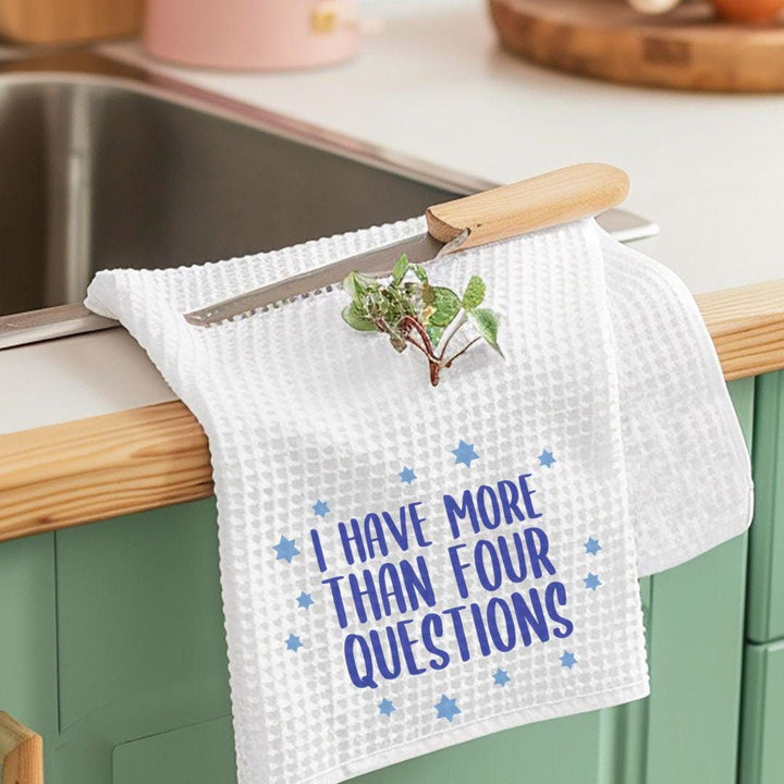 I Have More than Four Questions Waffle Dish Towel, Zionist Home Decor, Housewarming for First Seder, Jewish Kitchen Towel for Passover Salt and Sparkle