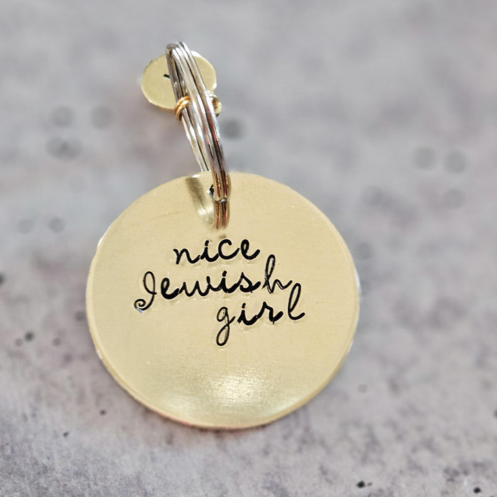 Nice Jewish Boy or Girl Hand-Stamped Brass Keychain, Gift from Parents for College Student, Purim Basket Gift, Jewish Humor Accessory Salt and Sparkle