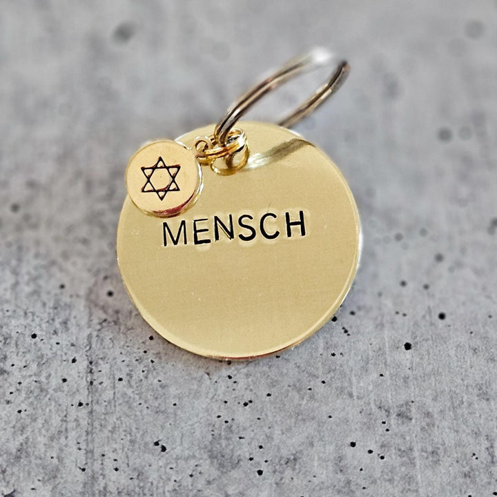 Mensch Hand-Stamped Brass Keychain, Thank you Gift for Rabbis, Teachers, Coworkers, Jewish Accessory for College Student, Jewish Gratitude Salt and Sparkle