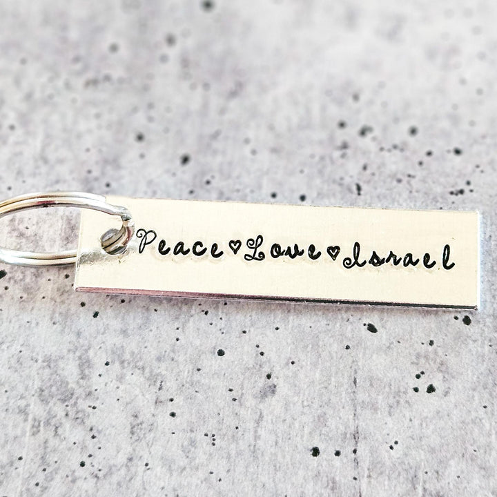 Peace Love Israel Keychain | Jewish Pride Silver Aluminum Keychain Salt and Sparkle