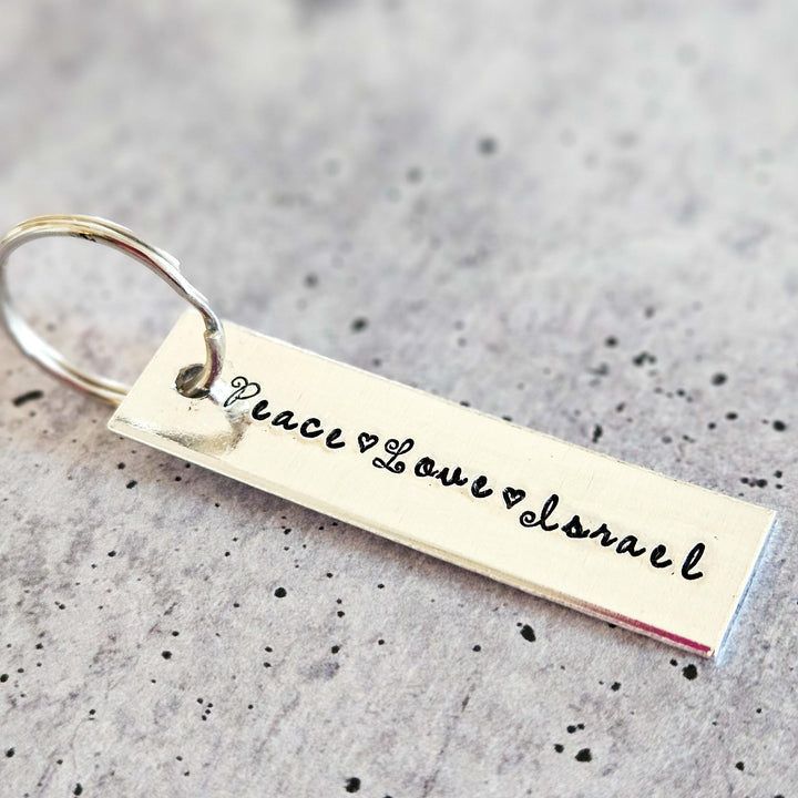 Peace Love Israel Keychain | Jewish Pride Silver Aluminum Keychain Salt and Sparkle