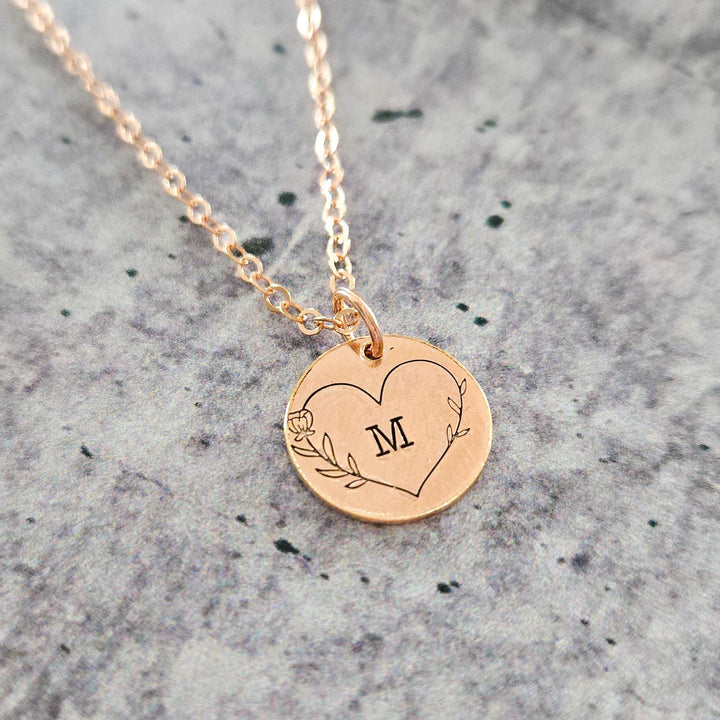 Heart Initial Necklace for Valentine' Day, Rose Gold Personalized Name Necklace Gift for Her, Child's Initial Gold Disc Necklace for New Mom