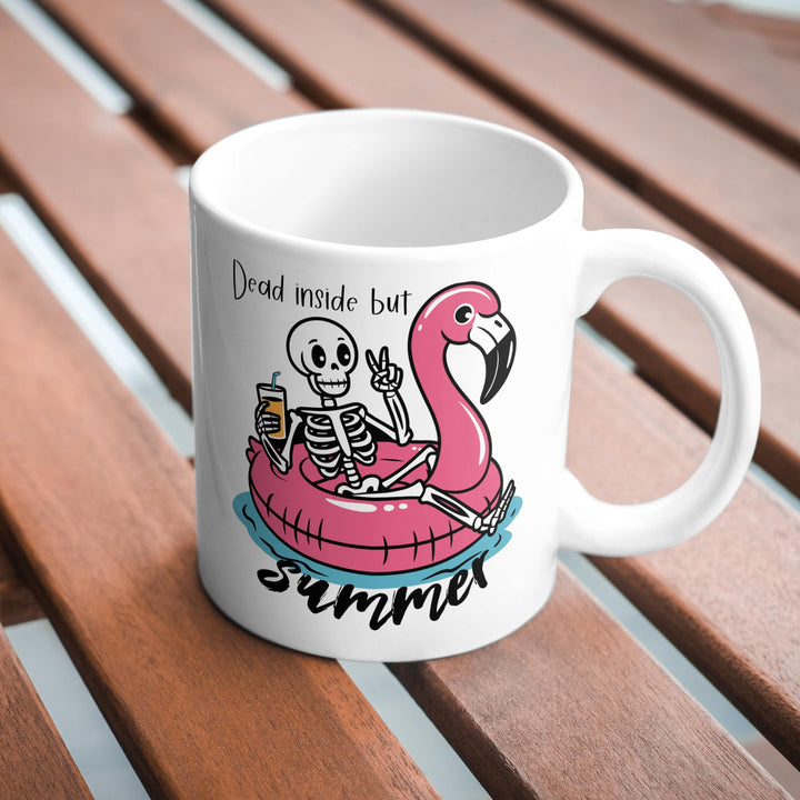 Dead Inside But Summer Funny Teacher Mug, Teacher Appreciation Gift from Coworker, Skeleton Flamingo Floaty Gender Neutral Teacher Mug Salt and Sparkle