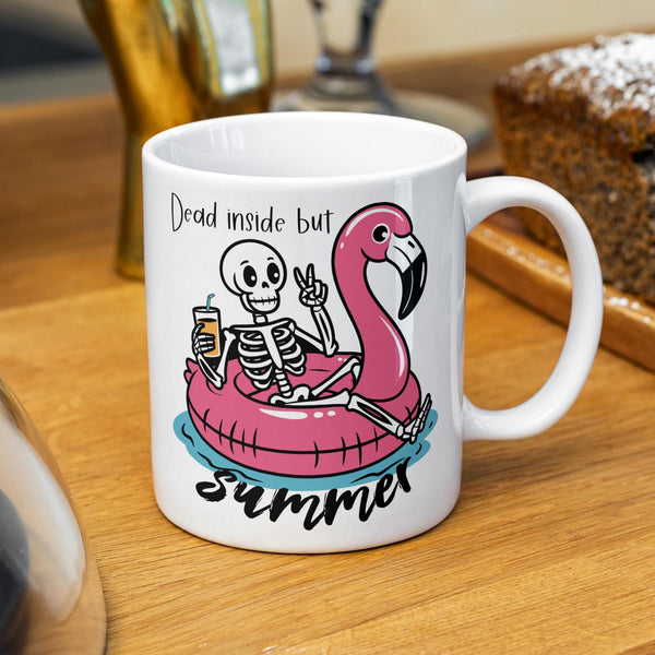 Dead Inside But Summer Funny Teacher Mug, Teacher Appreciation Gift from Coworker, Skeleton Flamingo Floaty Gender Neutral Teacher Mug Salt and Sparkle