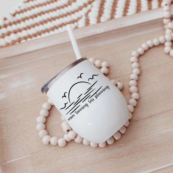 More Tanning Less Planning Wine Tumbler,  Funny Teacher Summer Gift, Sunset 12 oz White Insulated Cup with Lid & Straw, Teacher Appreciation Salt and Sparkle