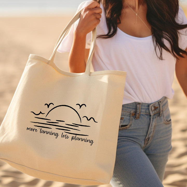 More Tanning Less Planning Personalized Oversized Linen Tote – Funny Teacher Beach Bag – Minimalist Sunset Design – 15x15 Summer Tote Bag Salt and Sparkle