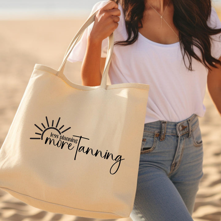 Less Planning More Tanning  Personalized Oversized Linen Tote – Funny Teacher Beach Bag – Minimalist Sun Design – 15x15 Summer Tote Bag Salt and Sparkle
