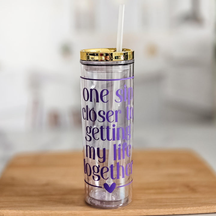 One Sip Closer to Getting My Life Together Funny Acrylic Tumbler with Gold Lid, Iced Coffee Cup for Her, Water Bottle, Summer Gift for Mom Salt and Sparkle