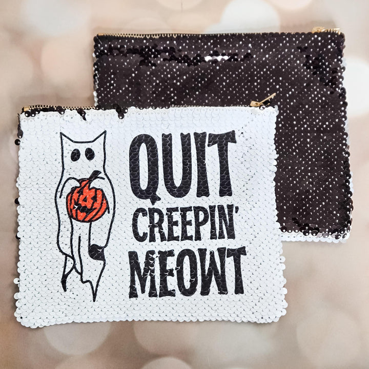 Quit Creepin’ Meowt Cat Bag – Halloween Sequin Pouch – Black Flip to White Makeup Bag, Funny Spooky Zipper Pouch Salt and Sparkle