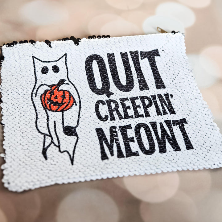 Quit Creepin’ Meowt Cat Bag – Halloween Sequin Pouch – Black Flip to White Makeup Bag, Funny Spooky Zipper Pouch Salt and Sparkle