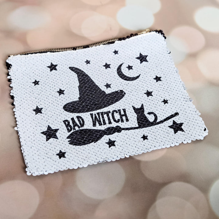 Bad Witch Cat & Broom Halloween Sequin Pouch – Black Flip to White Makeup Bag, Witchy Zipper Pouch Salt and Sparkle