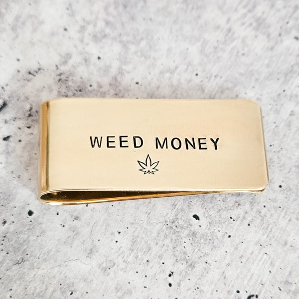 Weed Money Money Clip – Funny Men’s Gift – Personalized Brass, Aluminum, or Sterling Silver Cash Holder Salt and Sparkle