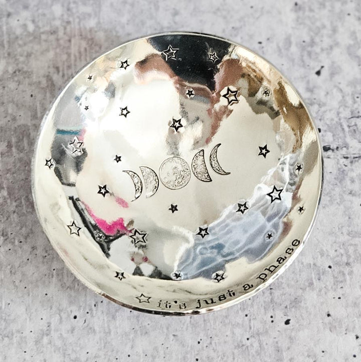 It’s Just a Phase Ring Dish – Handmade Pewter Jewelry Dish with Moon Phases and Stars – Celestial Gift for Her, Handmade Trinket Bowl Salt and Sparkle