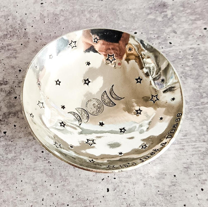 It’s Just a Phase Ring Dish – Handmade Pewter Jewelry Dish with Moon Phases and Stars – Celestial Gift for Her, Handmade Trinket Bowl Salt and Sparkle